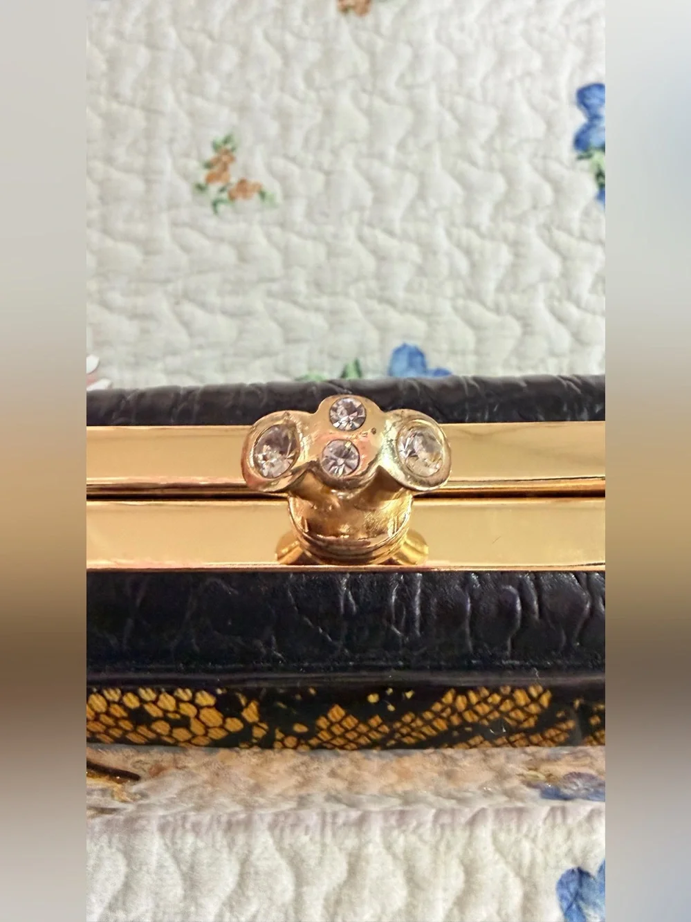 Debbie Brookes VTG Snakeskin Pattern Jeweled Flower Clasp Frame Bag